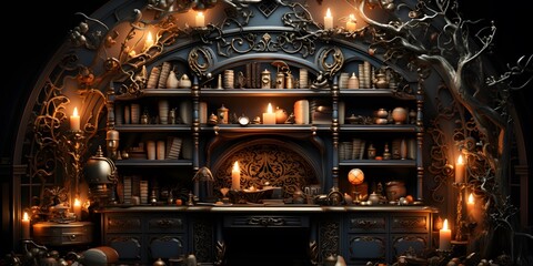 Wall Mural - 3d rendering of an old fireplace with candles and books on it