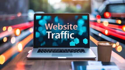 Close-up of a laptop displaying the word TRAFFIC on the screen, symbolizing digital marketing and SEO strategies. Ideal for content related to online traffic and search engine optimization.