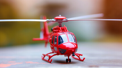 Closeup of plastic red helicopter chopper model toy. Aircraft transport and travel, child aviation flight play