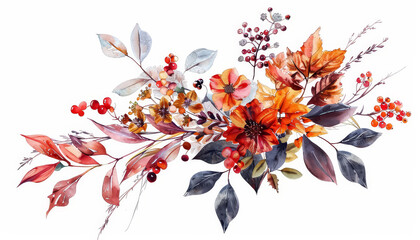 Wall Mural - A watercolor painting of a bouquet of autumn leaves and berries