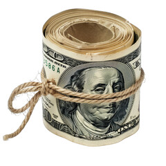 Wall Mural - Roll of One Hundred Dollar Bills Tied in Burlap String on transparent background or PNG file.