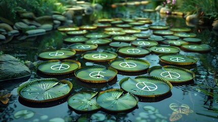 A tranquil garden with a pond filled with lily pads each pad bearing a peace symbol