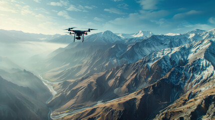 Video camera on a drone capturing aerial footage of a mountain range