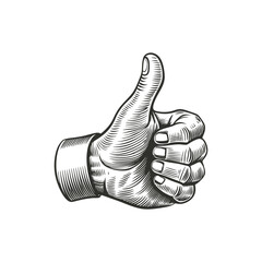 hand showing symbol like. making thumb up gesture engraving hand drawn illustration isolated white b