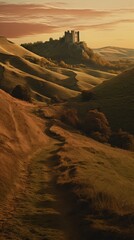 Wall Mural - Meandering path through hills to castle at sunset