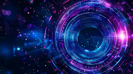 Wall Mural - airy digital blue and purple tech circle on dark background. science, futuristic digital technologie