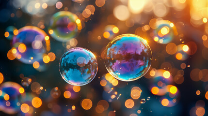 Wall Mural - iridescent soap bubbles floating in the air with sunlight