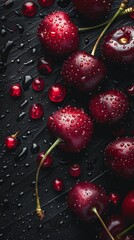 Wall Mural -  water droplets on red cherries, black background