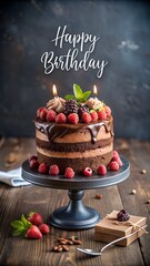 Wall Mural - Happy Birthday Greeting Card with a Tasty Chocolate Cake