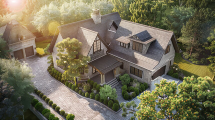 Aerial view of a luxurious house with an intricately designed roof, nestled in a lush, green landscape with a well-manicured garden.