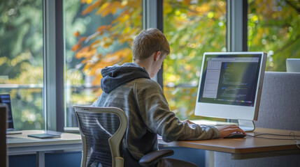 a young man works diligently on a computer in a bright, modern workspace with autumn foliage visible