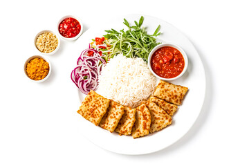 Canvas Print - Delicious Fried Pastry, Rice, and Sauce Meal on a White Plate