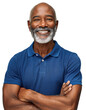 © Pajaros Volando - Happy senior Black man in his 60s, smiling warmly with a gray beard, wearing a blue polo shirt and smiling
