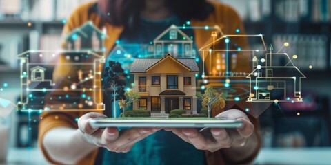 Leinwandbilder - A real estate agent reviewing market trends on a tablet, with images of houses and pricing data overlaying the image