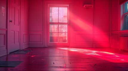 Wall Mural - artistic open door with beam of pink light in minimalistic setting