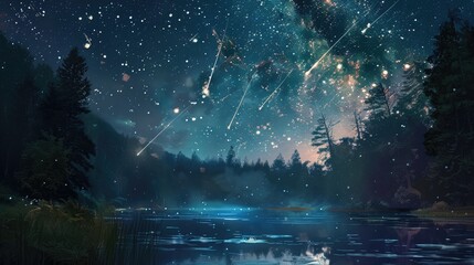 Wall Mural - meteor shower above a tranquil forest