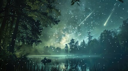Wall Mural - meteor shower above a tranquil forest