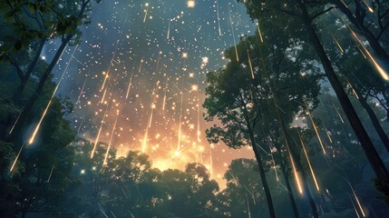 Wall Mural - meteor shower over a dense forest