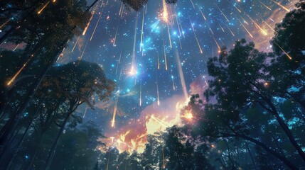Wall Mural - meteor shower over a dense forest