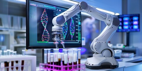 Aufkleber - A biotech engineer using a robotic arm to handle delicate genetic samples, with lab equipment and DNA sequences on screens, showcasing automation and precision in biotechnology