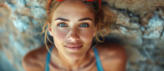 Sticker - Close-up Portrait of a Young Woman with Freckles and Blue Eyes