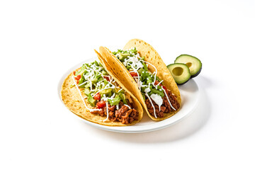 Wall Mural - Two Delicious Tacos with Ground Beef, Lettuce, Tomato, Avocado, and Sour Cream