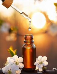 Wall Mural - Prunus cerasifera, cherry plum flower bach, bach floral, Bach flower, transparent drop, glass pipette, nature, brown glass bottle, Floral Therapy, Background Blur, Sunshine,  Essence, emotion fear