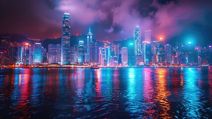 Wall Mural - skyscrapers illuminated by colorful lights under a dark sky