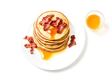 Poster - Delicious Stack of Pancakes with Bacon and Syrup on a White Plate