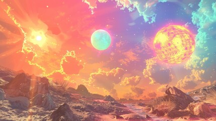 Wall Mural - an alien world with multiple suns and a sky filled with vibrant colors.
