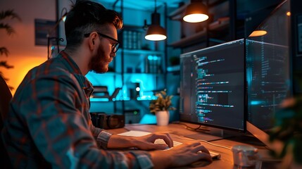Focused Programmer Working Late at Night
