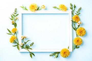 Poster - White Frame with Yellow Flowers on Blue Background