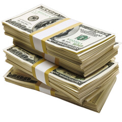 Detailed shot of stacks of US dollars bundle on transparent background or PNG file.