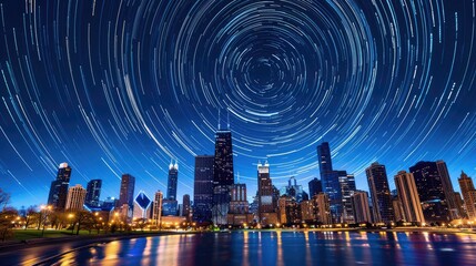 Wall Mural - Star trails in the sky above a modern city