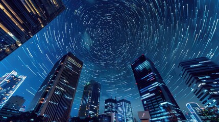 Wall Mural - star trails in the sky above a modern city