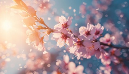 Sakura blossom petals in sky, spring floral background with copy space, nature landscape banner