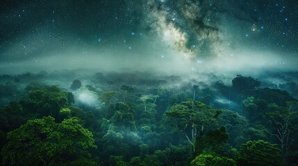 Wall Mural - the milky way galaxy above a dense forest