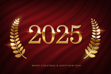 Wall Mural - 2025 Happy New Year greeting card vector template. Festive Christmas horizontal social media banner design with congratulations. Festive realistic illustration on red wavy background