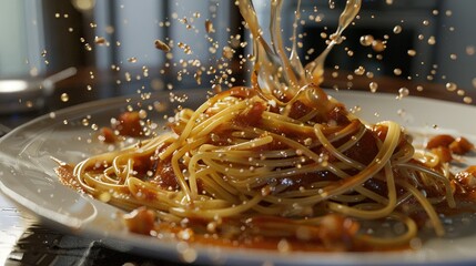 Wall Mural -   A plate of spaghetti topped with sauce and sprinkled with salt