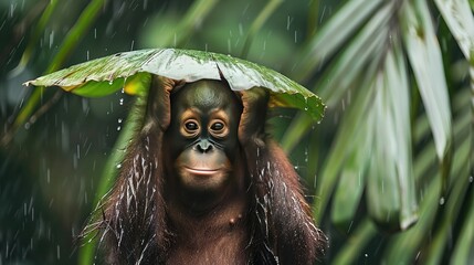 Wall Mural -   A monkey holds an umbrella while wearing a banana and leaf on its head