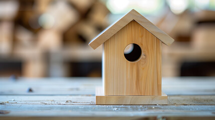 Wooden Birdhouse on Workbench, Close-Up in Workshop