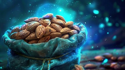 Wall Mural -   A bag brimming with numerous nuts rests atop a mound of boulders adjacent to another stack of stones