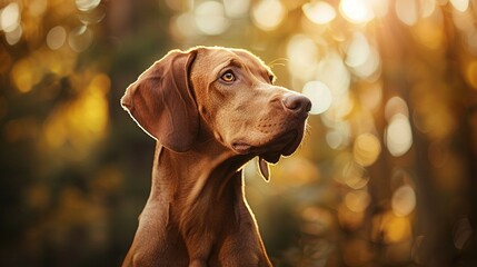 Poster -   A dog's face in close-up, with trees surrounding it and sunlight filtering through from behind