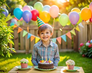 Portrait happy cute boy in front of happy birthday sign in backyard