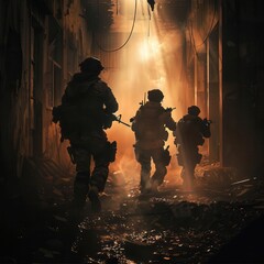 Wall Mural - special forces team advancing through urban ruins dramatic lighting intense focus hyperrealistic detail