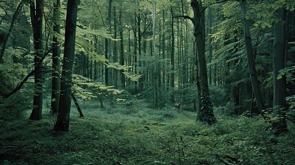 Poster -   A lush green forest brimming with towering trees adorned with emerald foliage atop their lofty branches