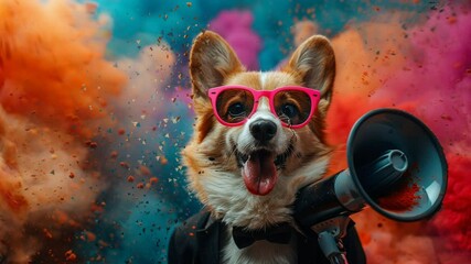 Wall Mural - Fashionable corgi Wearing tuxedo and Sunglasses Holding Megaphone Against colorful cloud Background