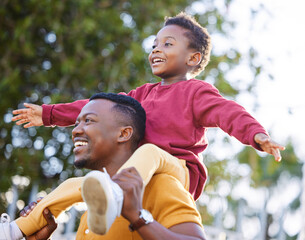 Poster - Father, smile and black man piggyback son, fun and joy happy bonding together in outdoor park. Family, child love and playing African people, kid and papa carrying boy with game in backyard garden