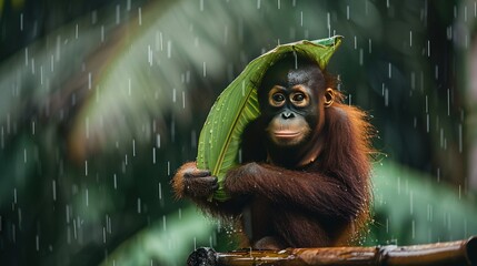   An orangutan holding a green leaf, standing on a tree branch in the rain with its eyes closed