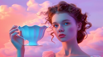 Canvas Print -   A painting of a lady cradling a cerulean vase against a backdrop of rosy skies and billowing cumulus clouds